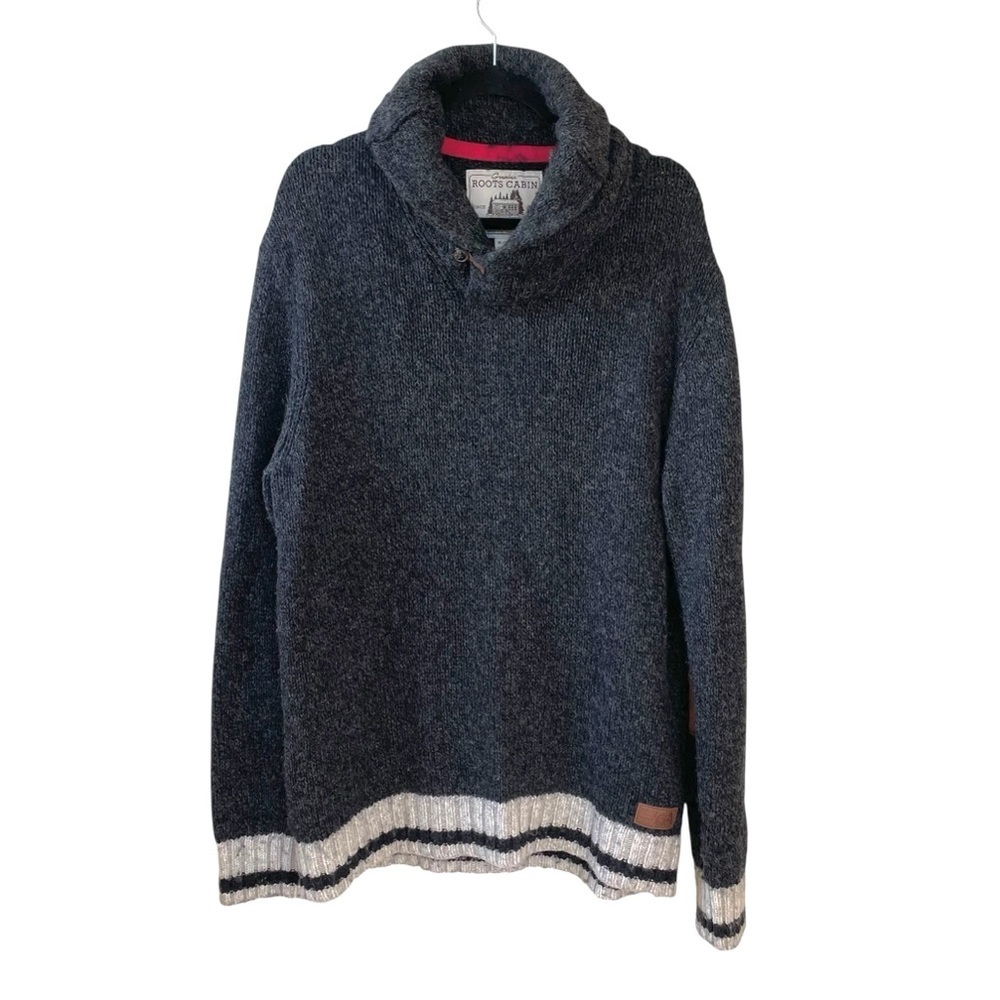 ROOTS CABIN Wool Shawl Collar Pullover Sweater Charcoal Black Grey XL